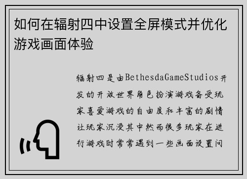 如何在辐射四中设置全屏模式并优化游戏画面体验
